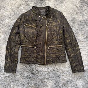 Guess S Camo Moto Packable Puffer Coat Olive Green Cropped Quilted